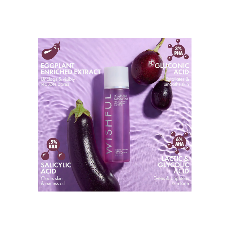 HUDA BEAUTY - WISHFUL EGGPLANT EXFOLIATOR: 9.5% AHA, BHA & PHA PORE CLARIFYING DAILY TONER 200ML